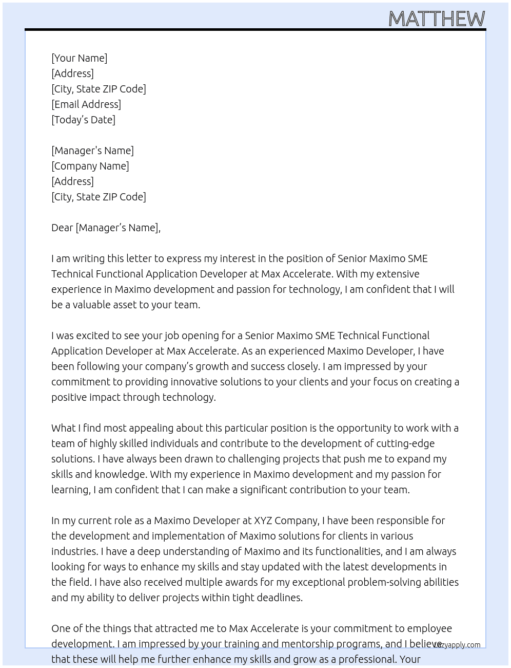 Senior Maximo SME Technical Functional Application Developer At max accelerate Cover Letter