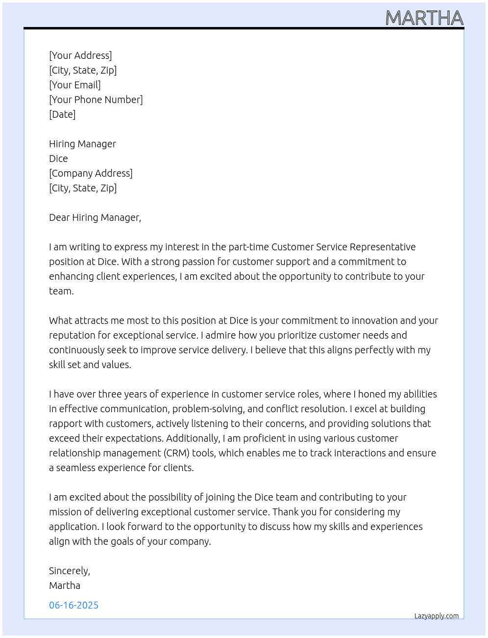 Customer Service Representative Part-Time At Dice Cover Letter