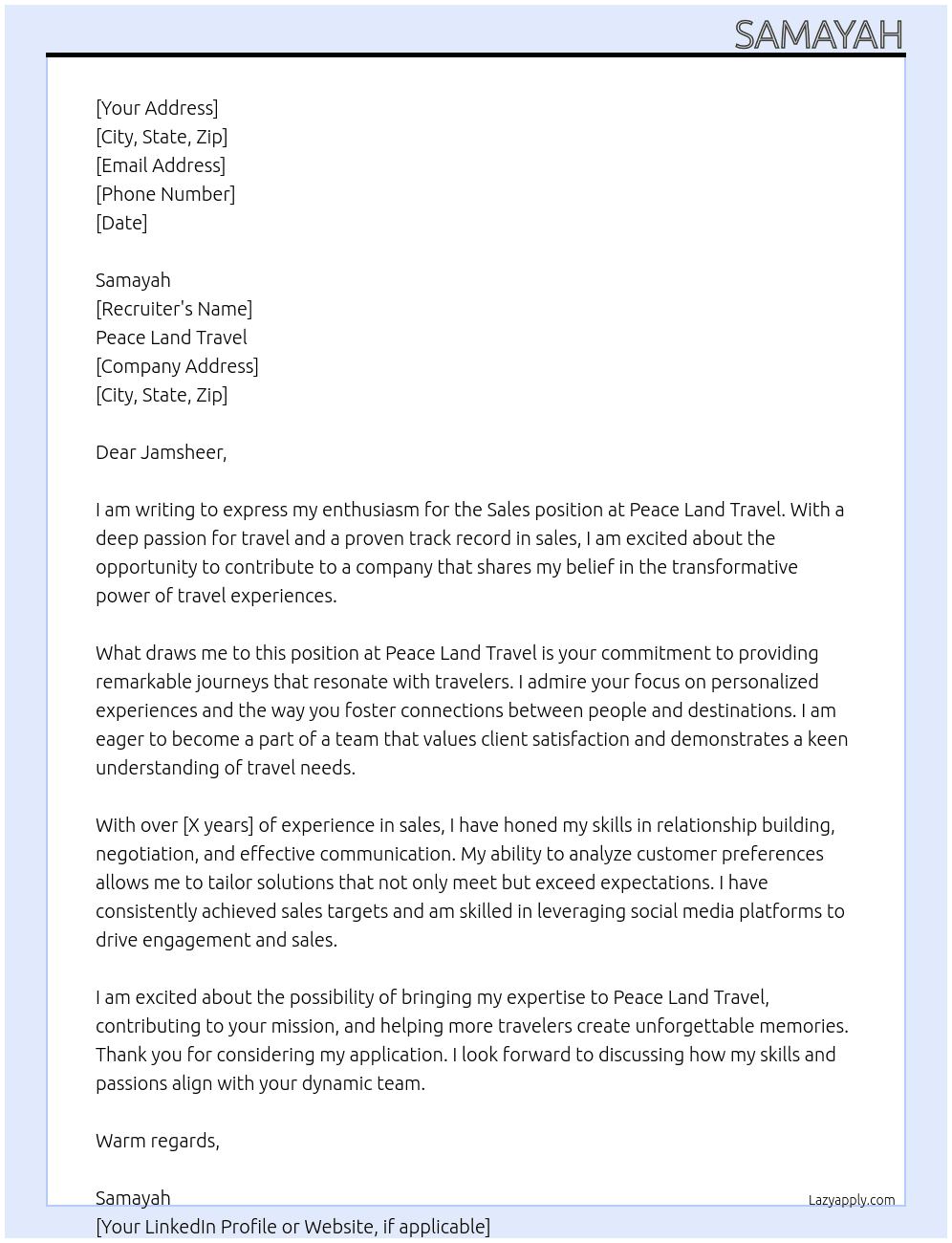 Sales At peace land travel Cover Letter