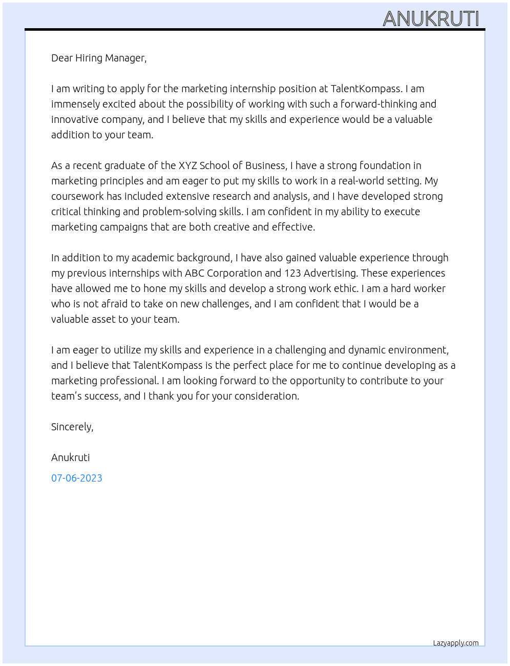 marketing internship  At TalentKompass Cover Letter