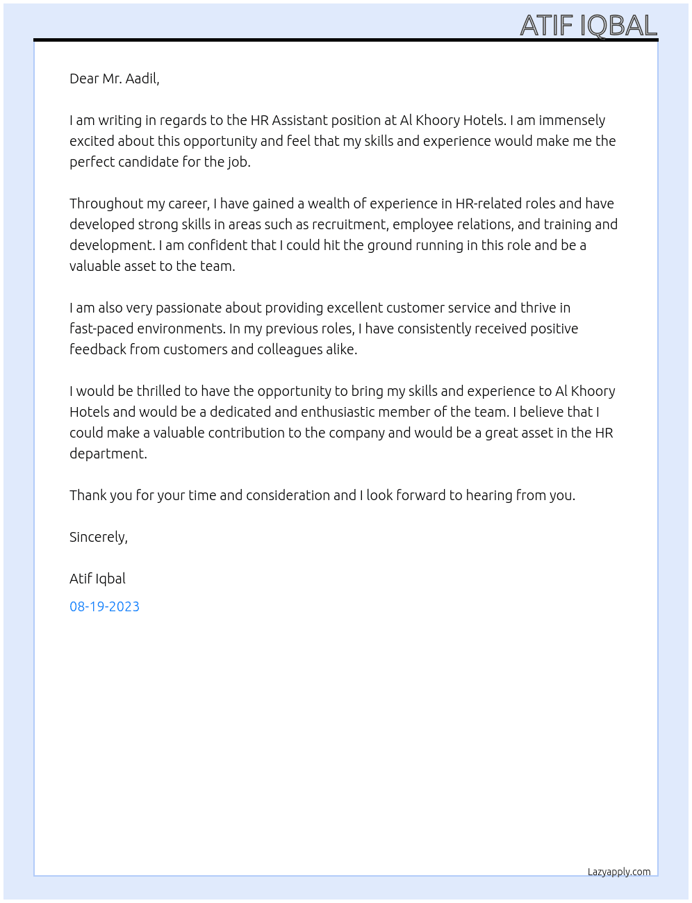 HR Assistant  At Al Khoory Hotels  Cover Letter