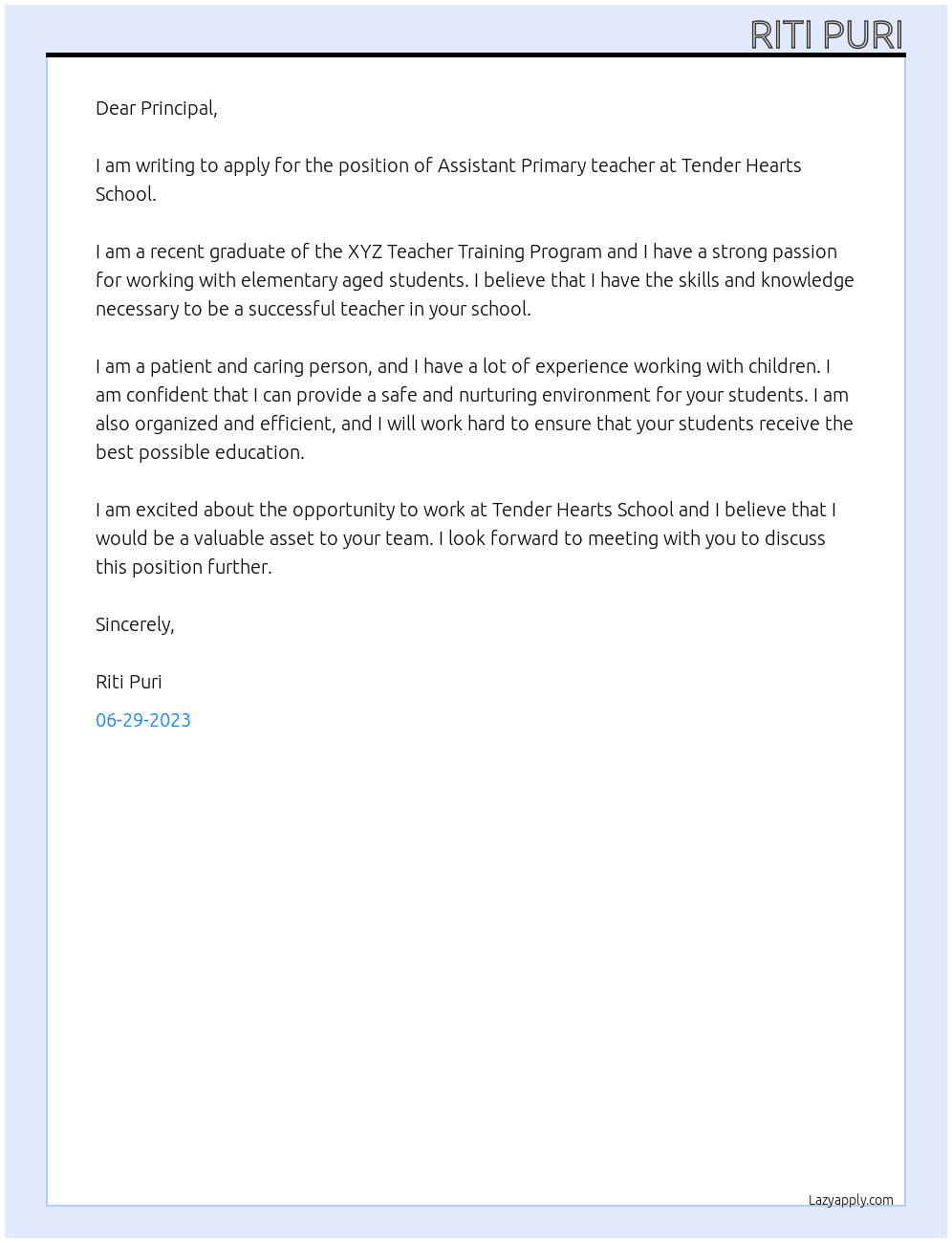 Assistant Primary teacher At Tender Hearts School  Cover Letter