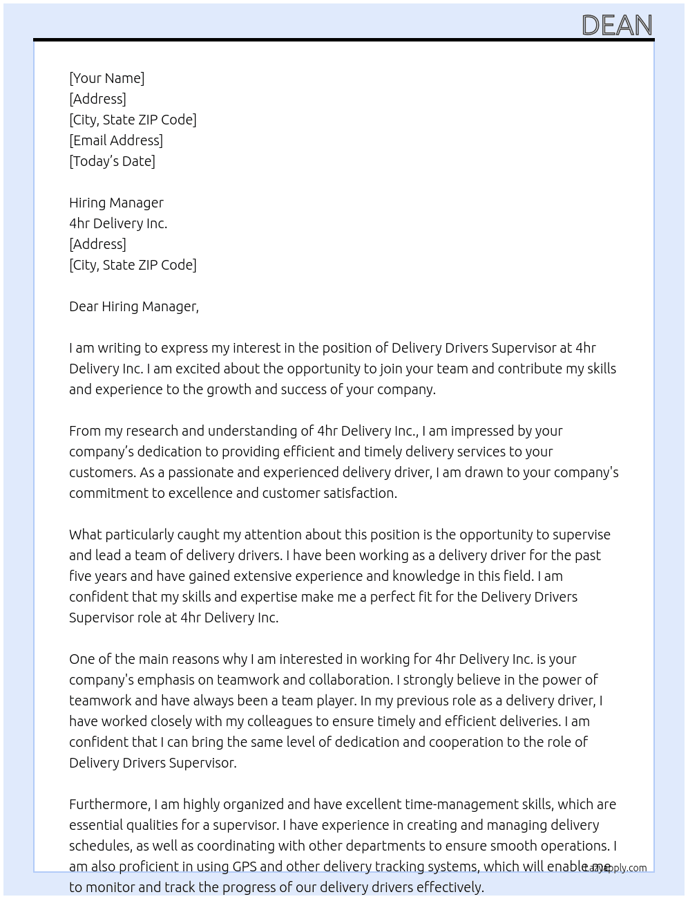 Delivery Drivers Supervisor At 4hr Delivery Inc. Cover Letter