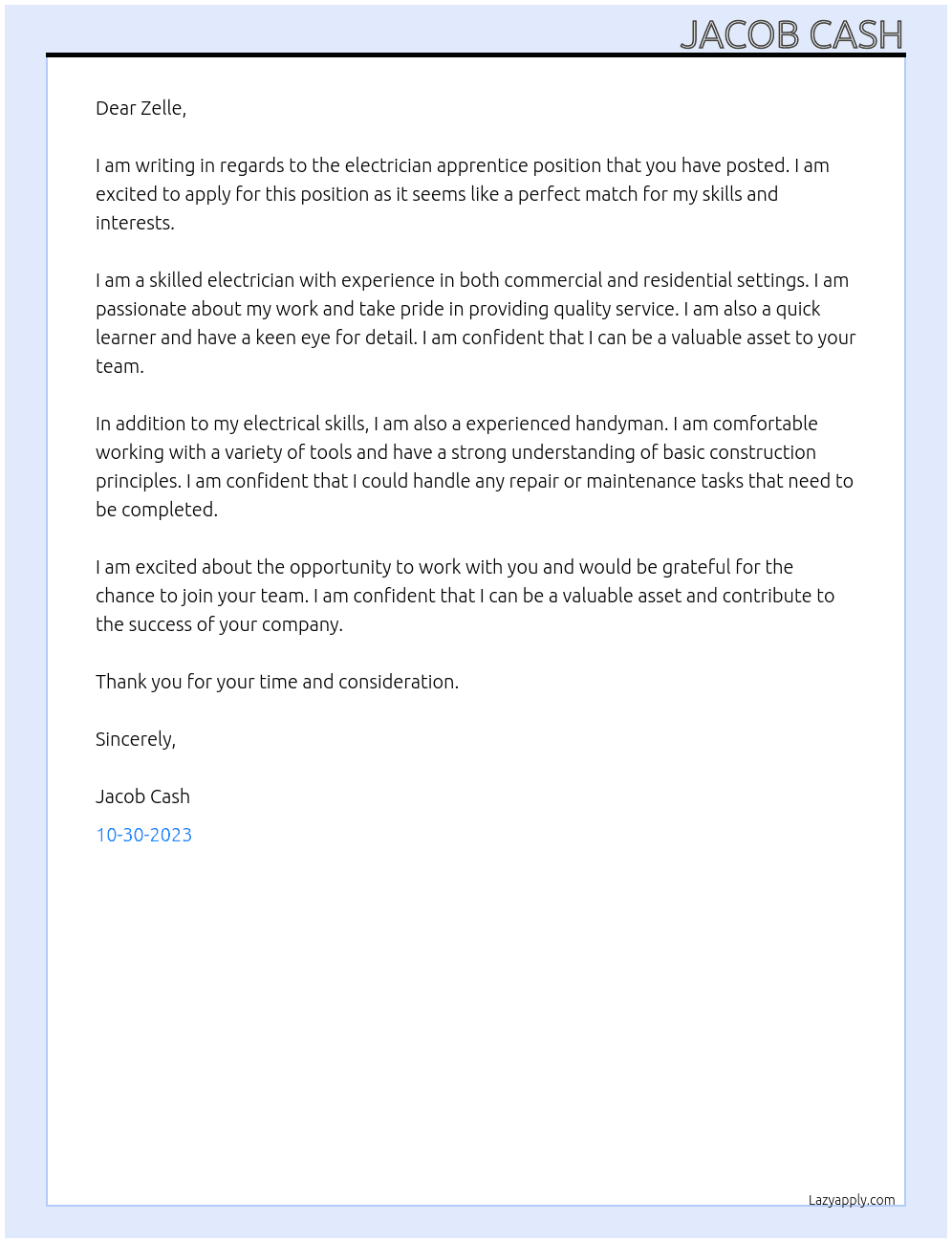 Electrician apprentice  At Zelle hr  Cover Letter