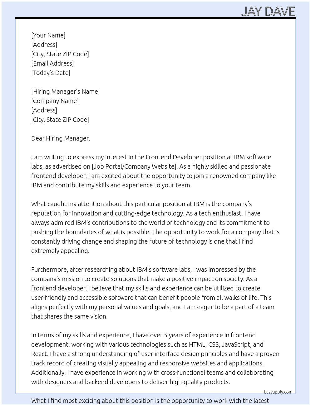 Frontend Developer At IBM software labs Cover Letter