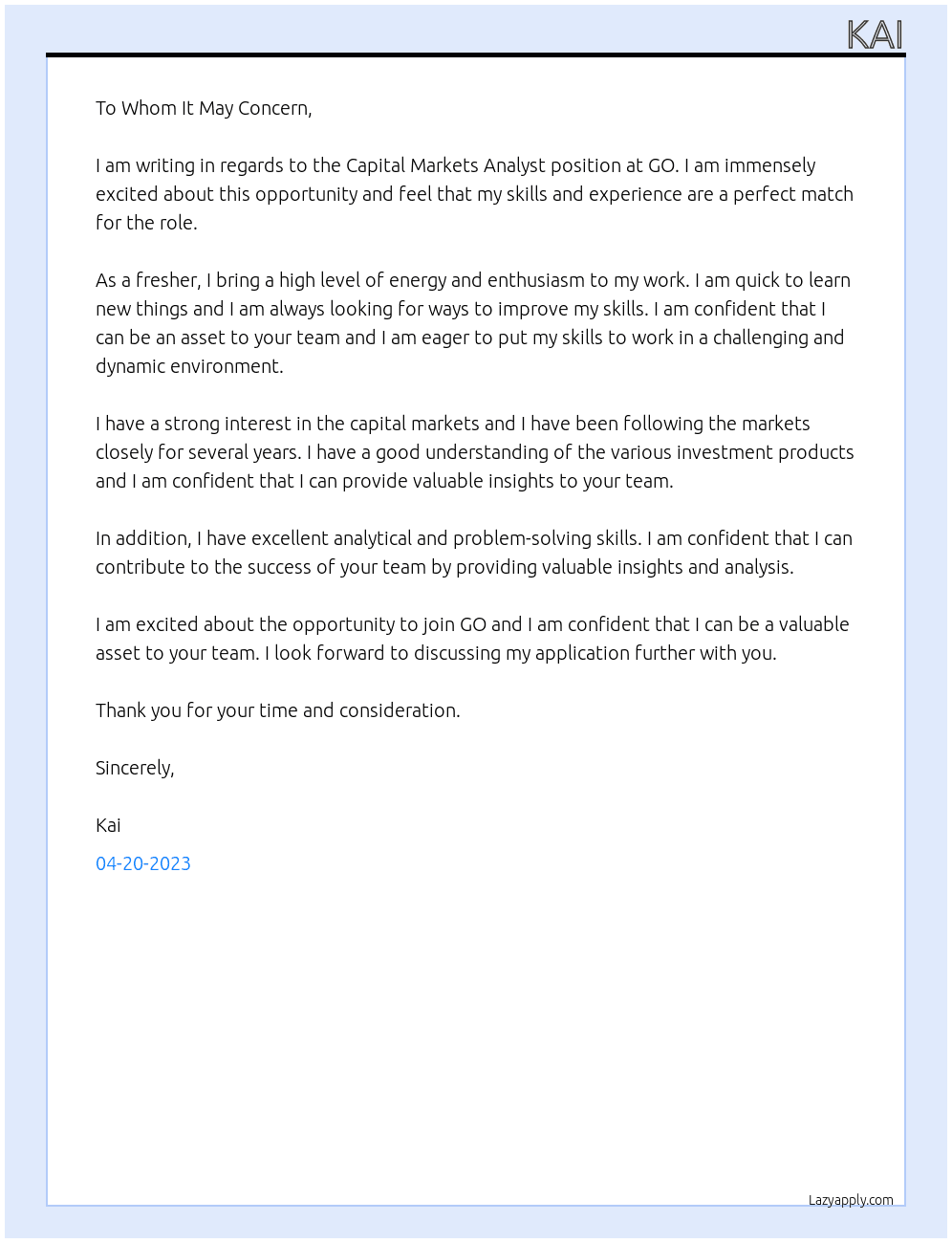 Capital Markets Analyst (Fresher position ) At GO Cover Letter