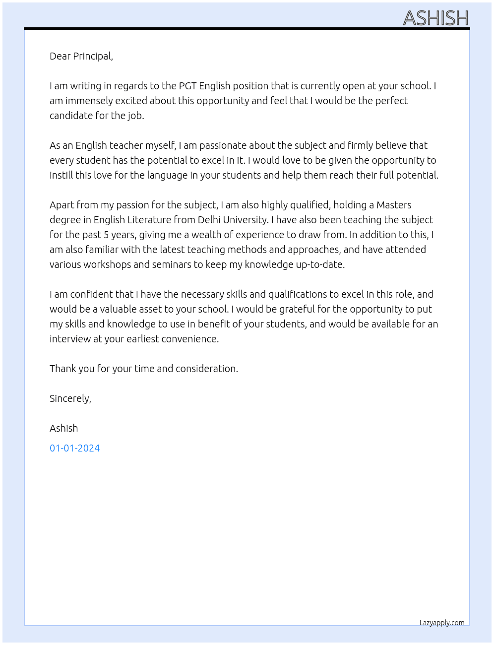 PGT English At School Cover Letter