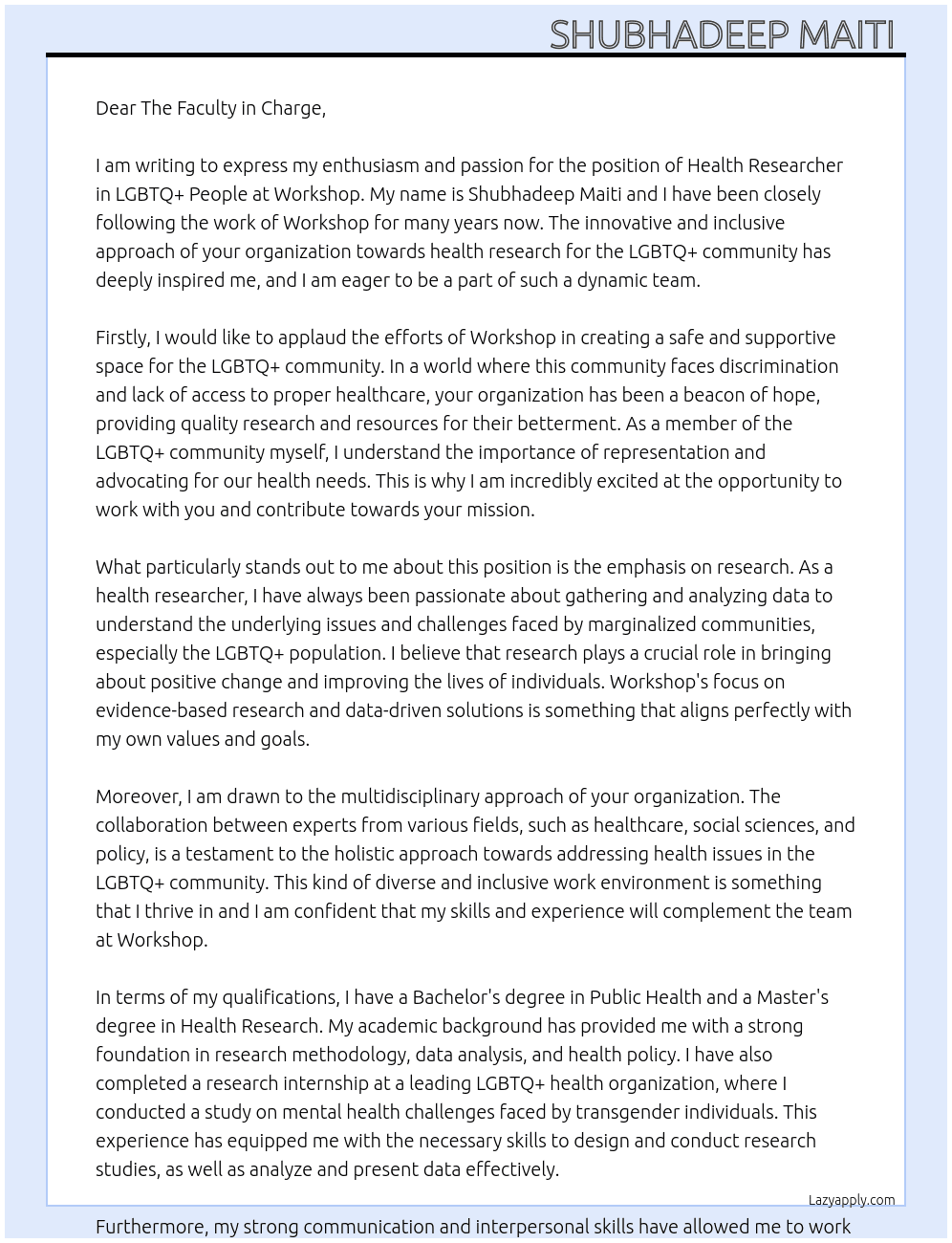 Health research in LGBTQ+ people  At Workshop  Cover Letter