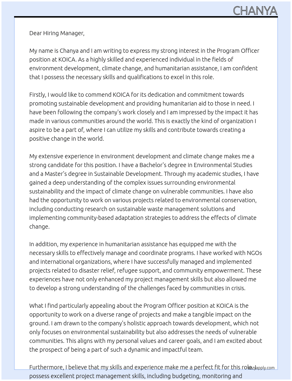 program officer At koica Cover Letter