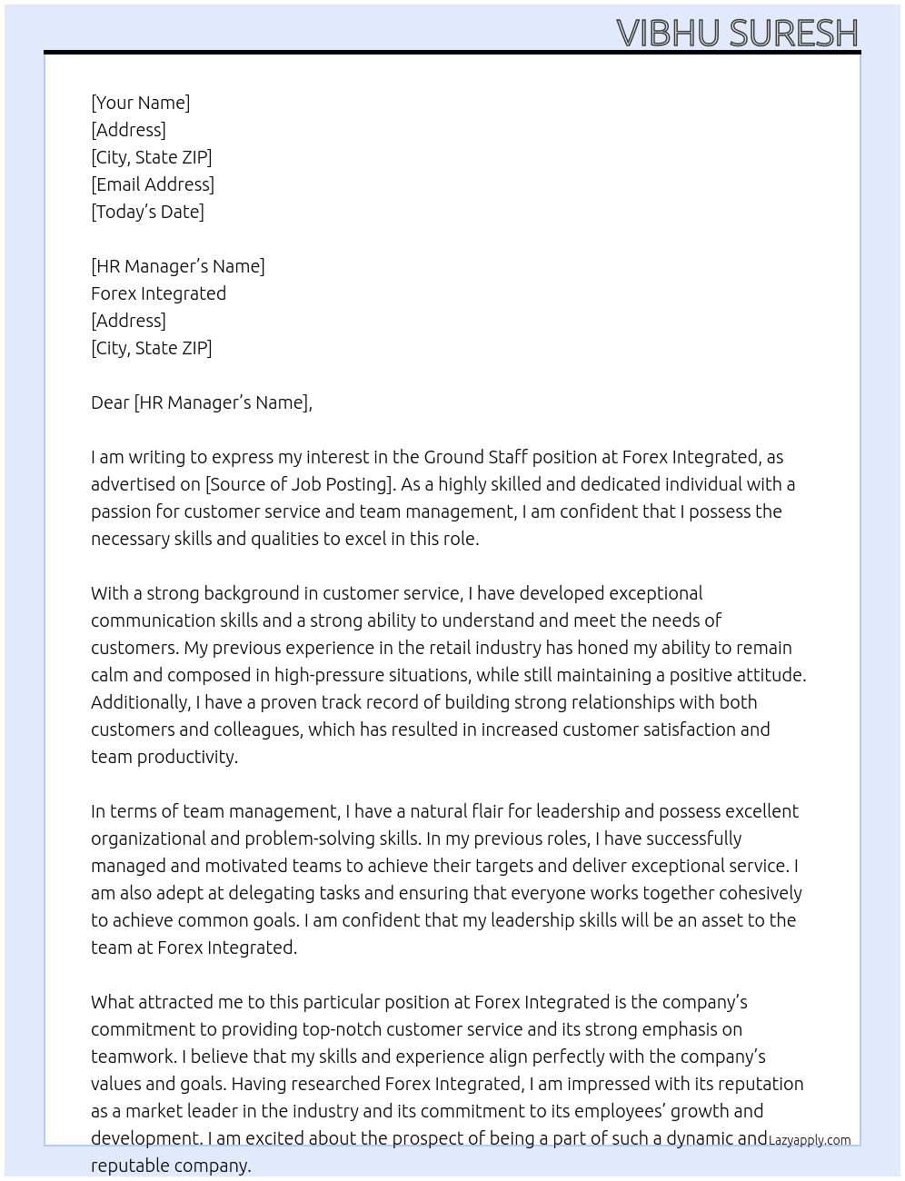 Ground staff At Forex integrated Cover Letter