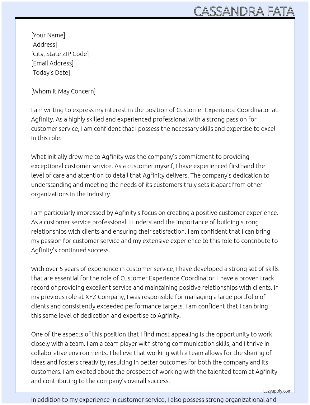 Customer Experience Coordinator At Agfinity Cover Letter