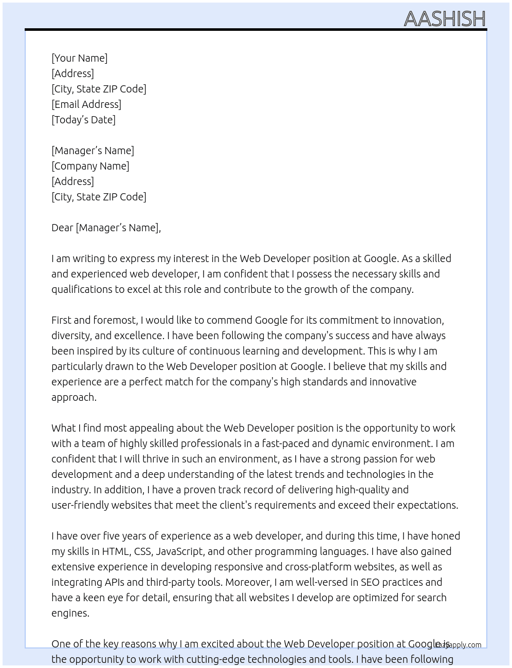 Web Developer At google Cover Letter
