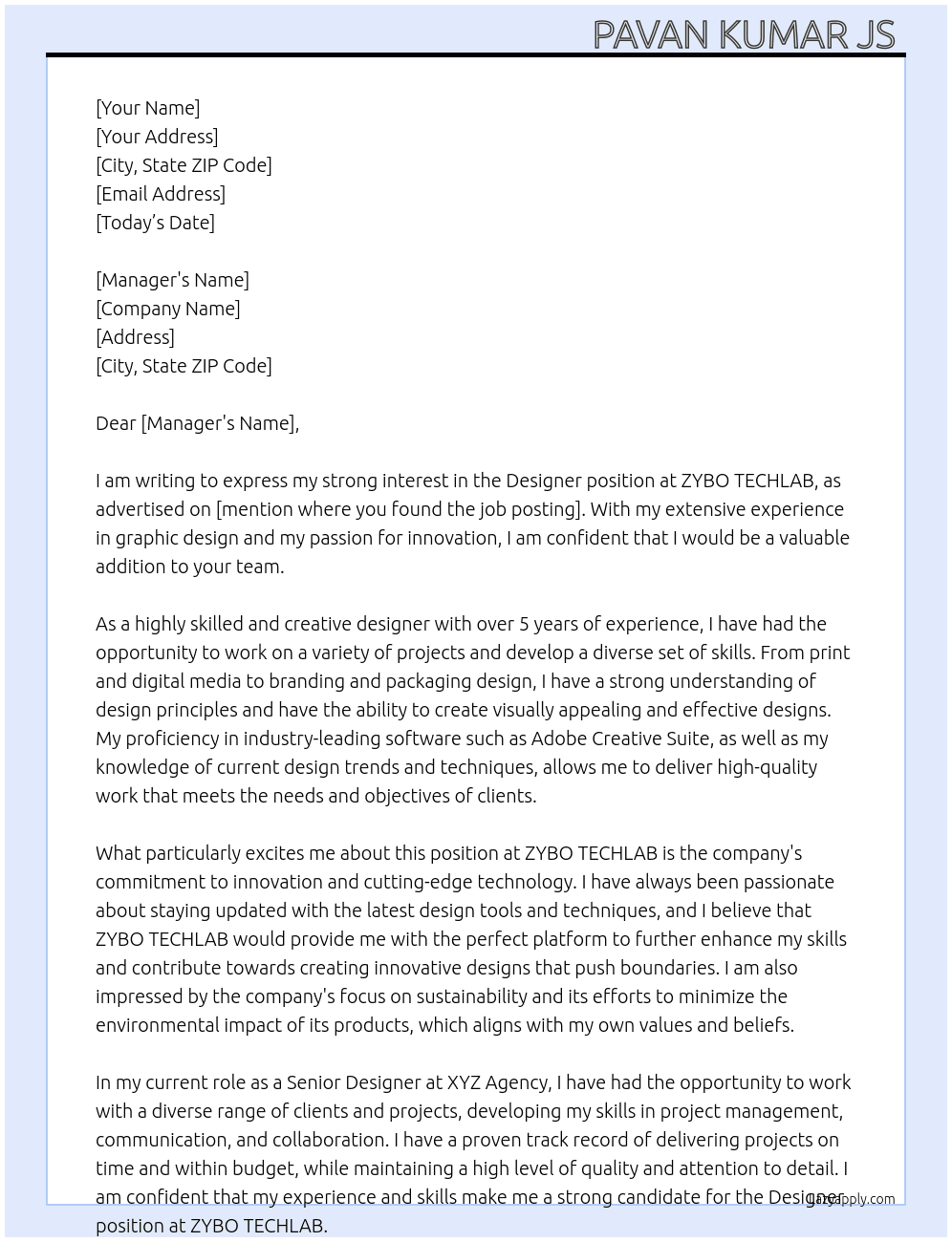 Designer  At ZYBO TECHLAB Cover Letter