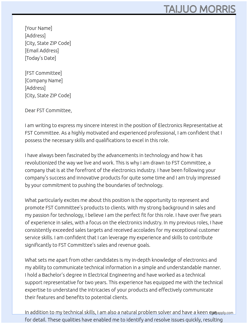 Electronics Representative At FST Committee  Cover Letter