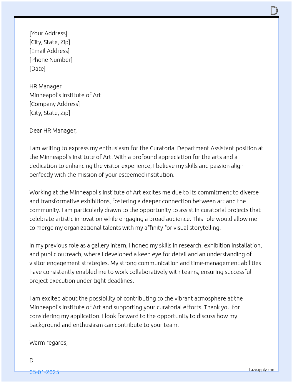Curatorial Department Assistant At Minneapolis Insitute of Art Cover Letter
