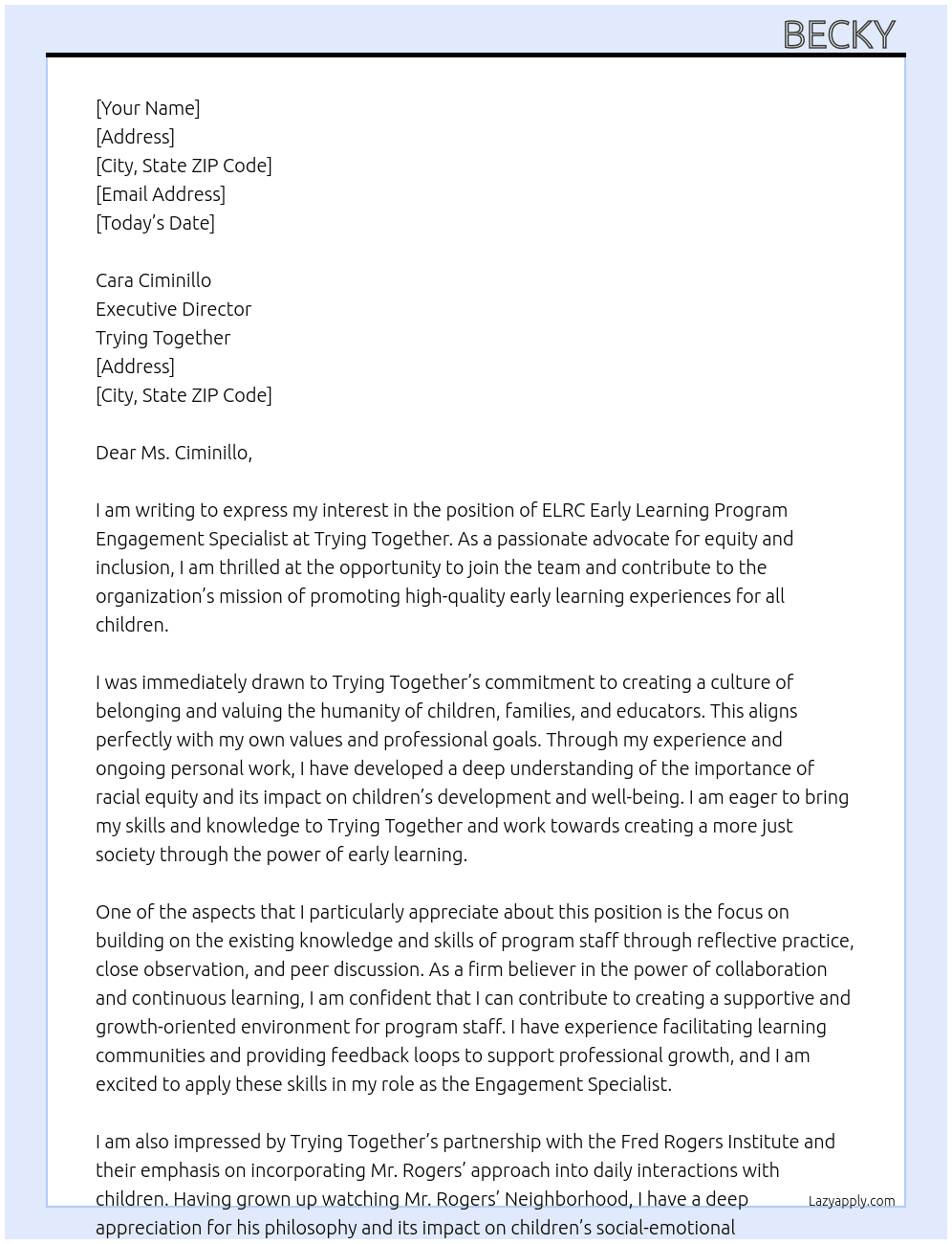 ELRC Early Learning Program Engagement Specialist  At Trying Together Cover Letter