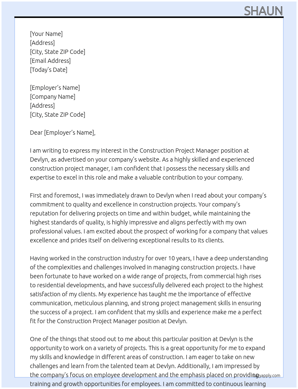 Construction Project Manager At Devlyn Cover Letter