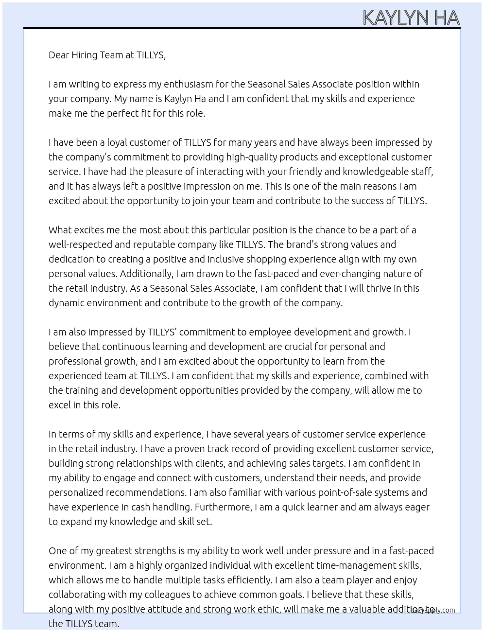 Seasonal sales associate  At TILLYS Cover Letter