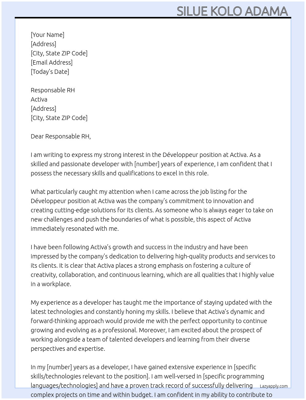 Développeur At Activa Cover Letter