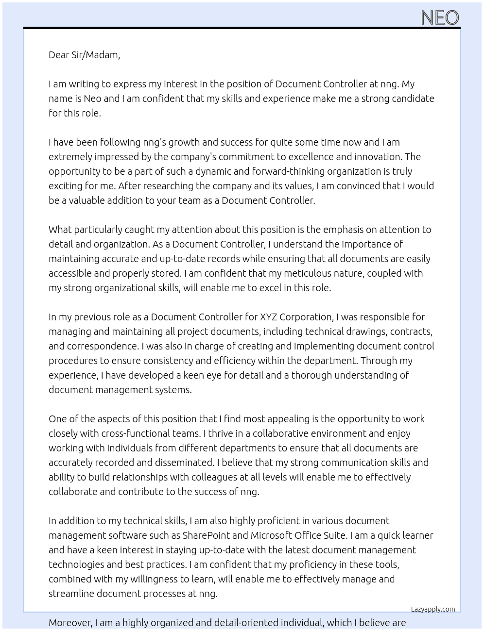 Document Controller At nng Cover Letter