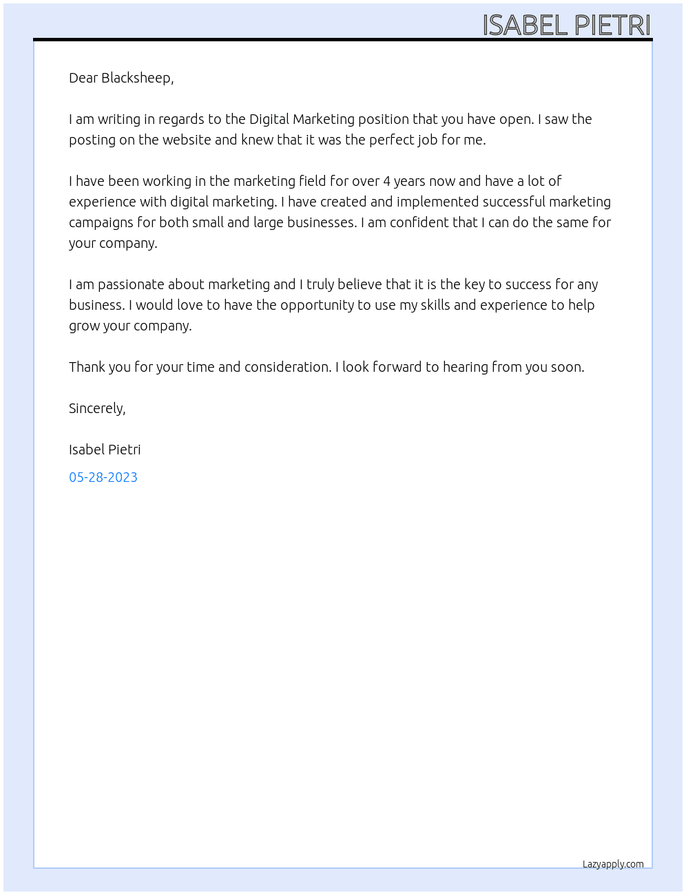 Digital Marketing At Blacksheep Cover Letter