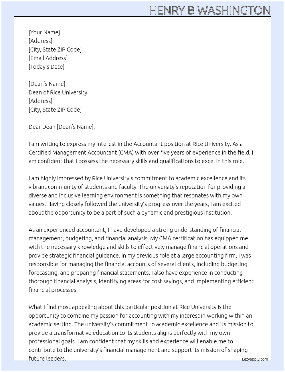 Accountant At Rice university  Cover Letter