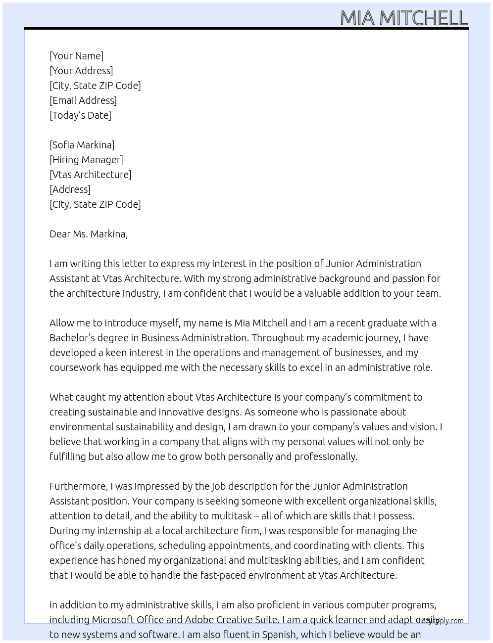Junior Administration Assistant At vtas architecture Cover Letter