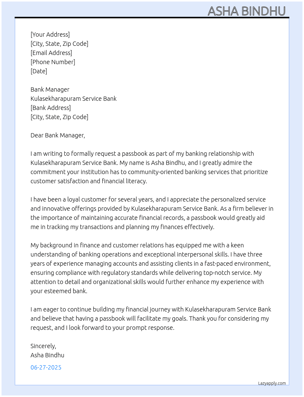 APPLYING FOR A PASS BOOK At KULASEKHARAPURAM SERVICE BANK Cover Letter