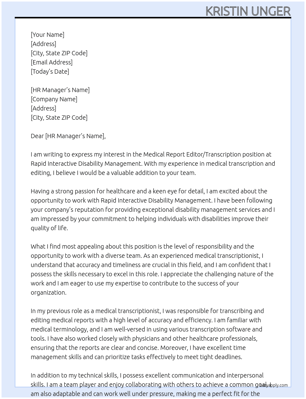 Medical Report Editor / Transcription At Rapid Interactive Disability Management Cover Letter