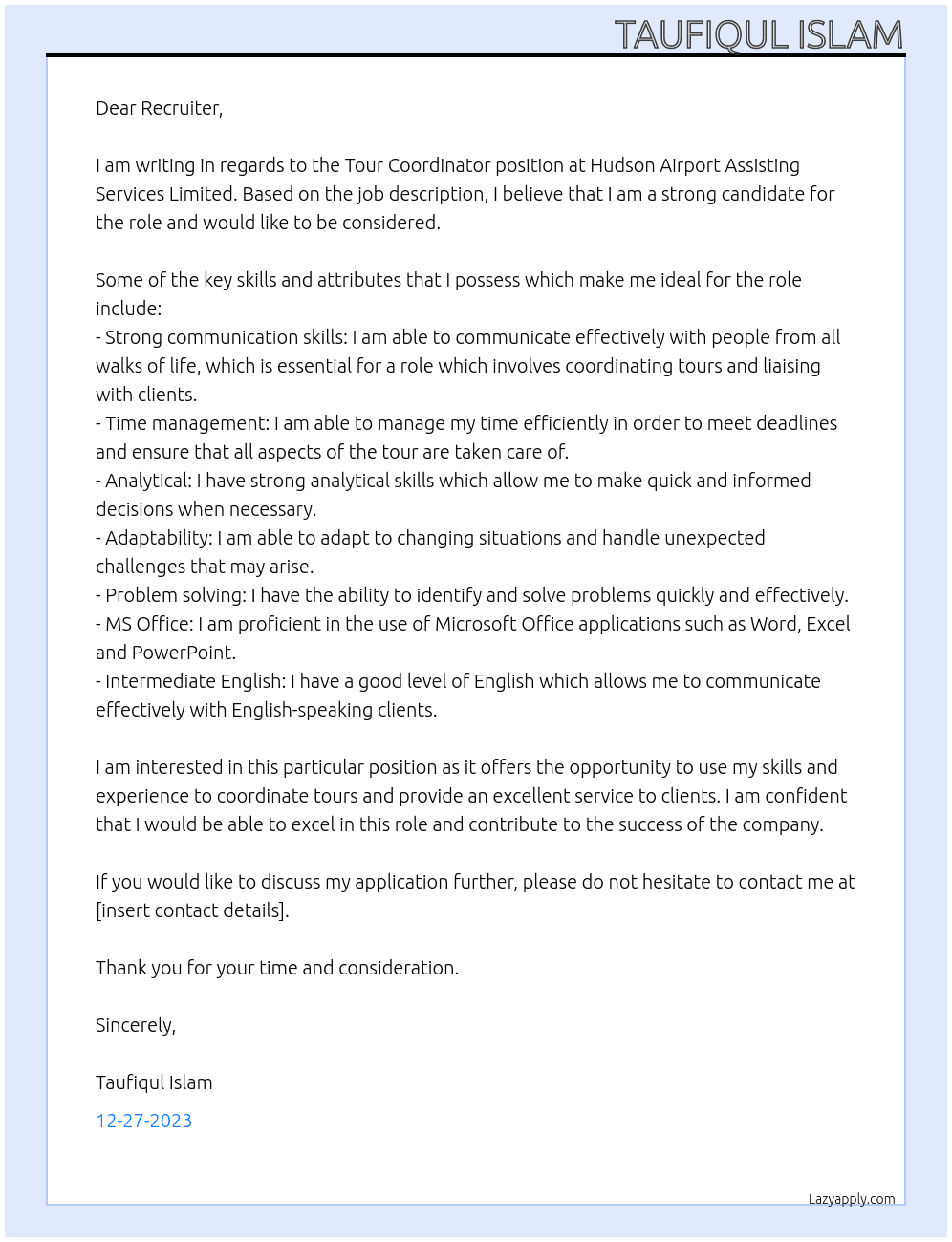 Tour Coordinator  At Hudson Airport Assisting Services Limited Cover Letter