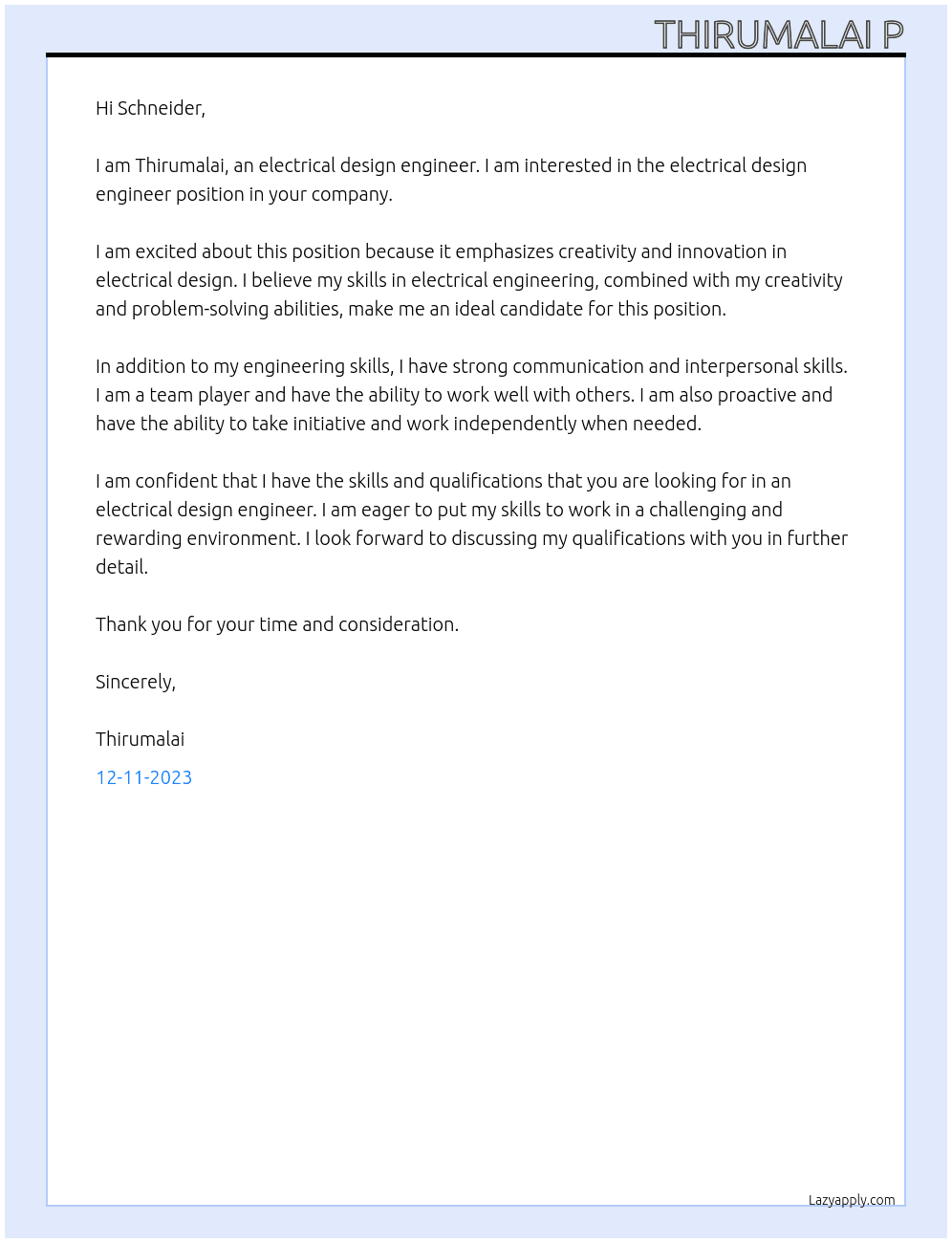 ELECTRICAL DESIGN ENGINEER At SCHNEIDER Cover Letter