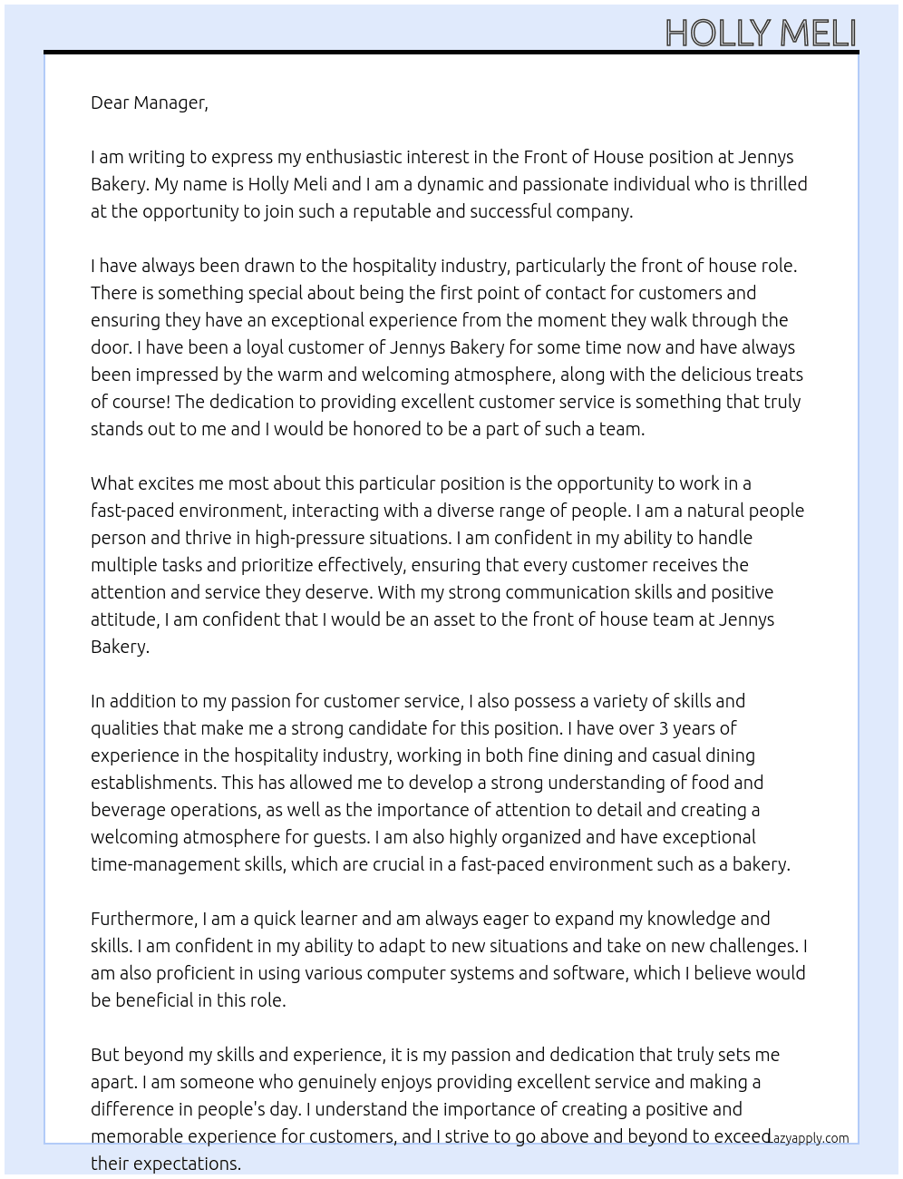 Front of house  At Jennys Bakery Cover Letter