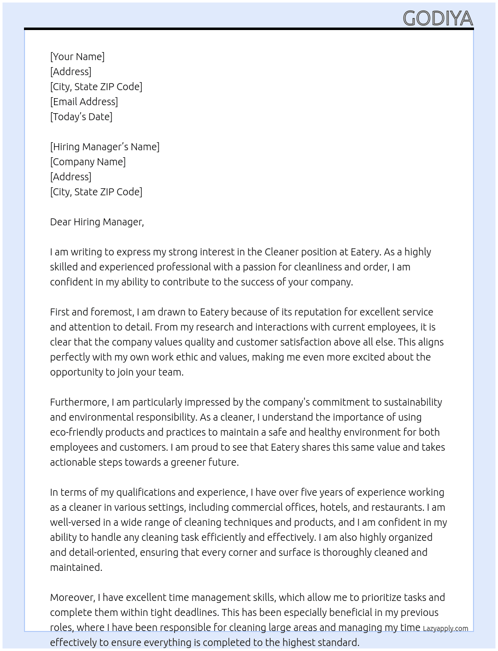 Cleaner  At Eatery Cover Letter