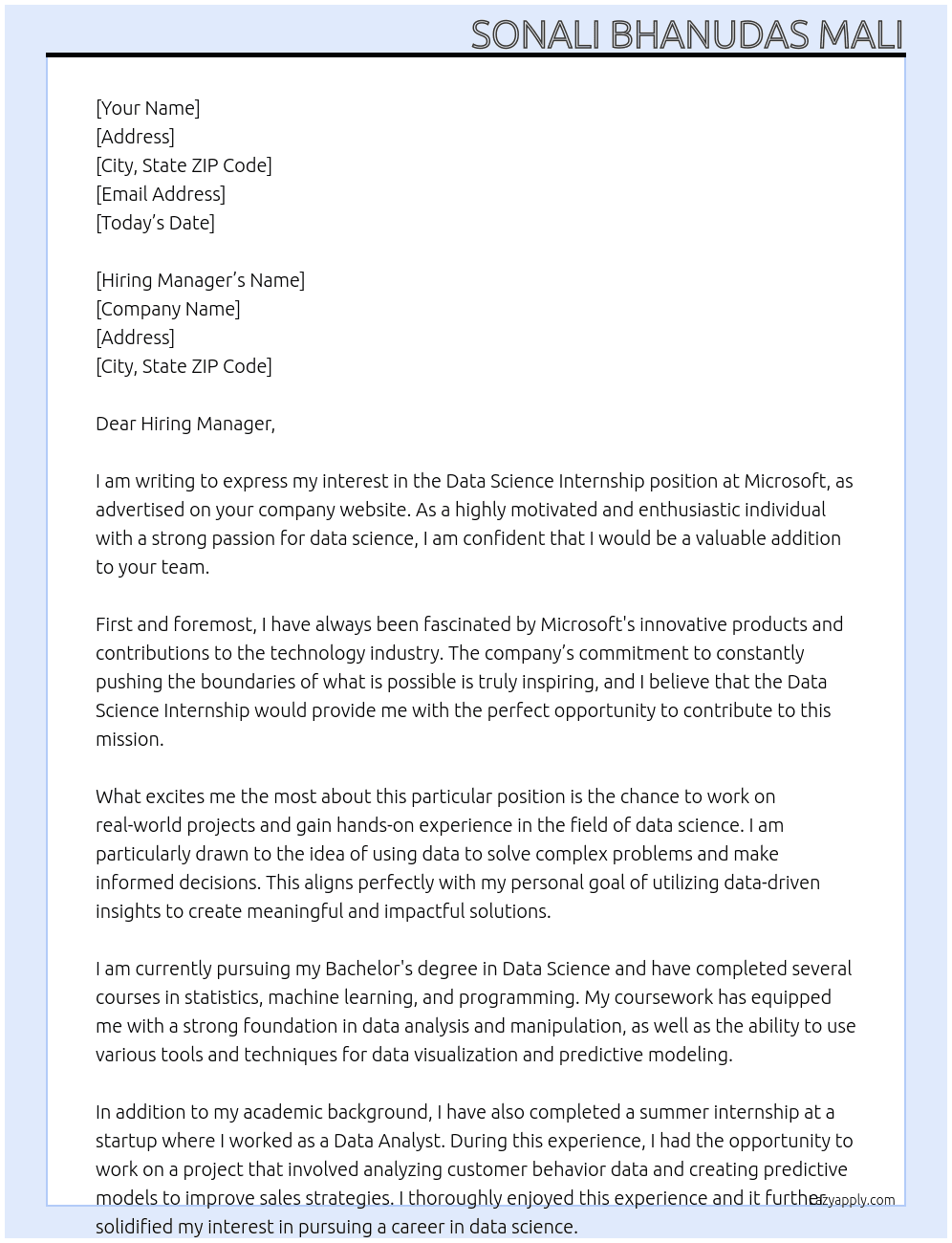 Data Science Internship At Microsoft Cover Letter