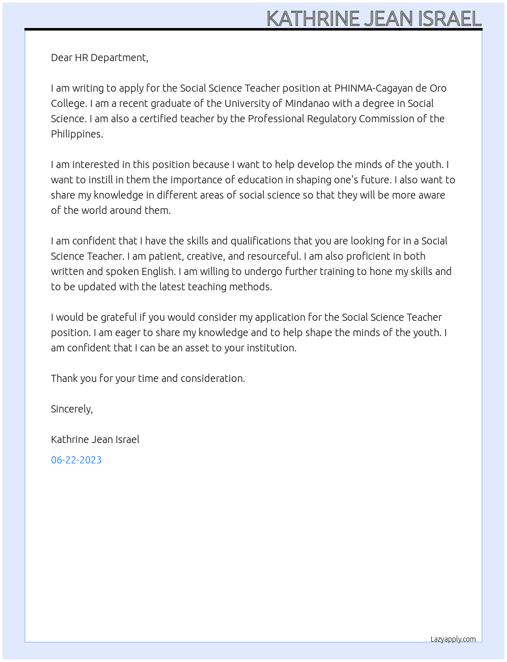 Social Science Teacher At PHINMA-Cagayan de Oro College Cover Letter