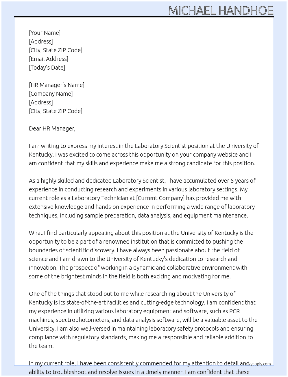 Laboratory Scientist At University of Kentucky Cover Letter