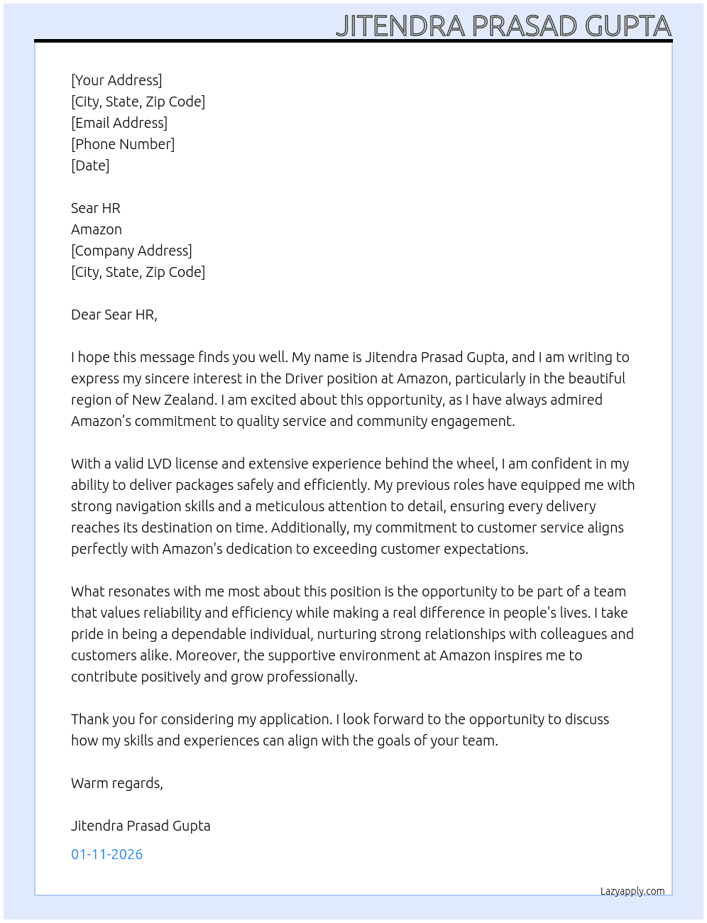 Driver  At Amazon Cover Letter