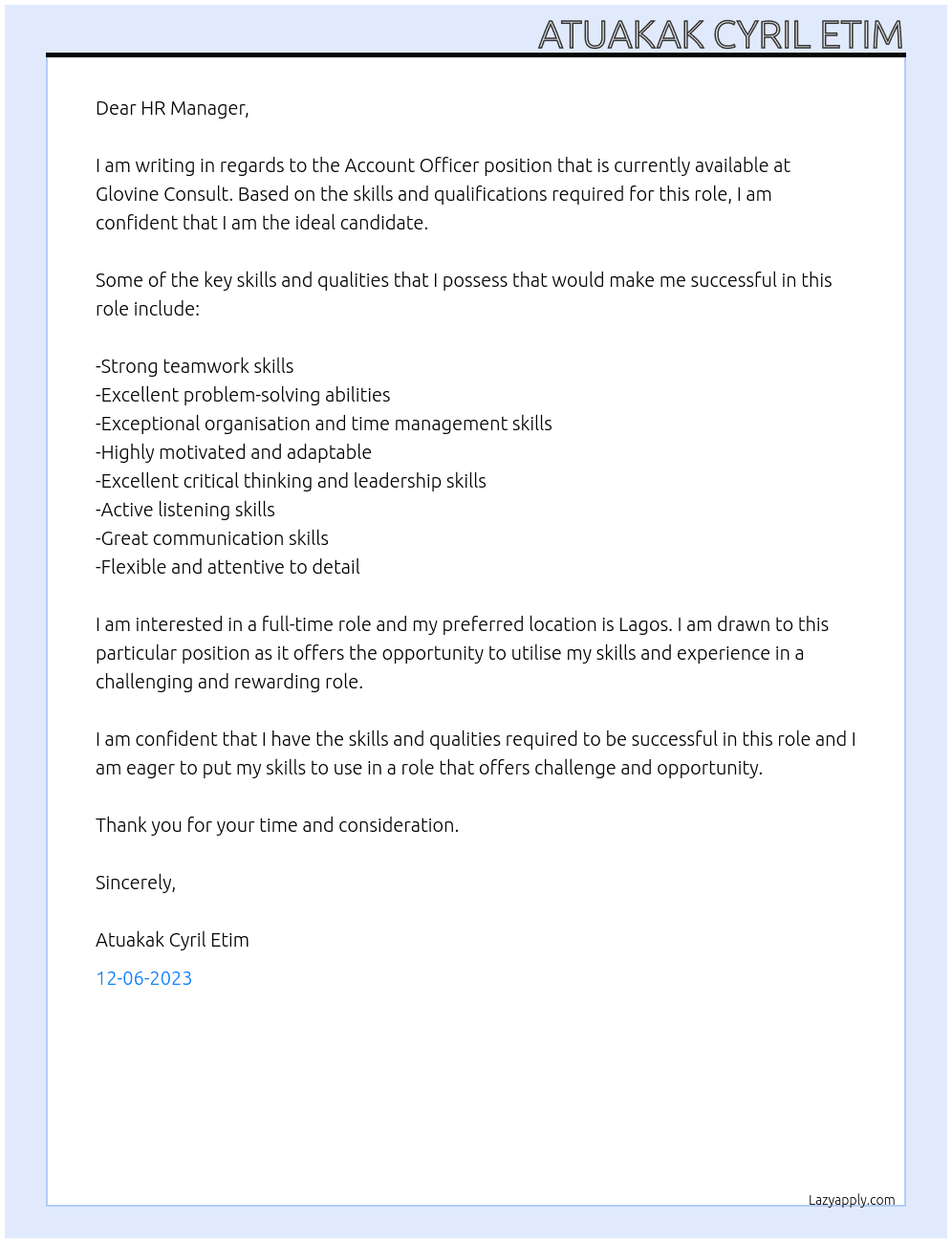 Account Officer At Glovine Consult Cover Letter