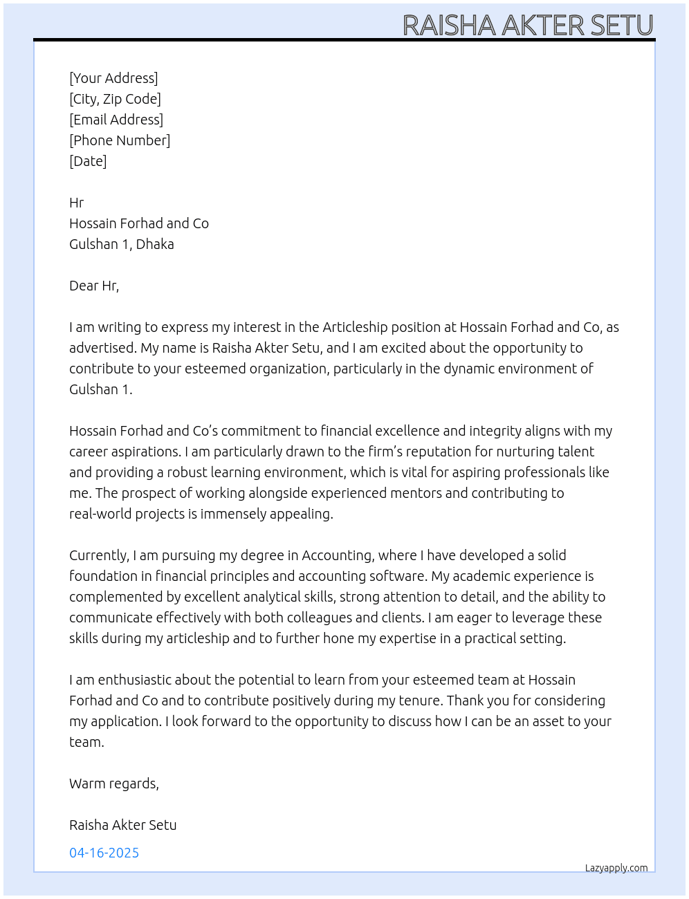Articleship  At Hossain Forhad and Co Cover Letter