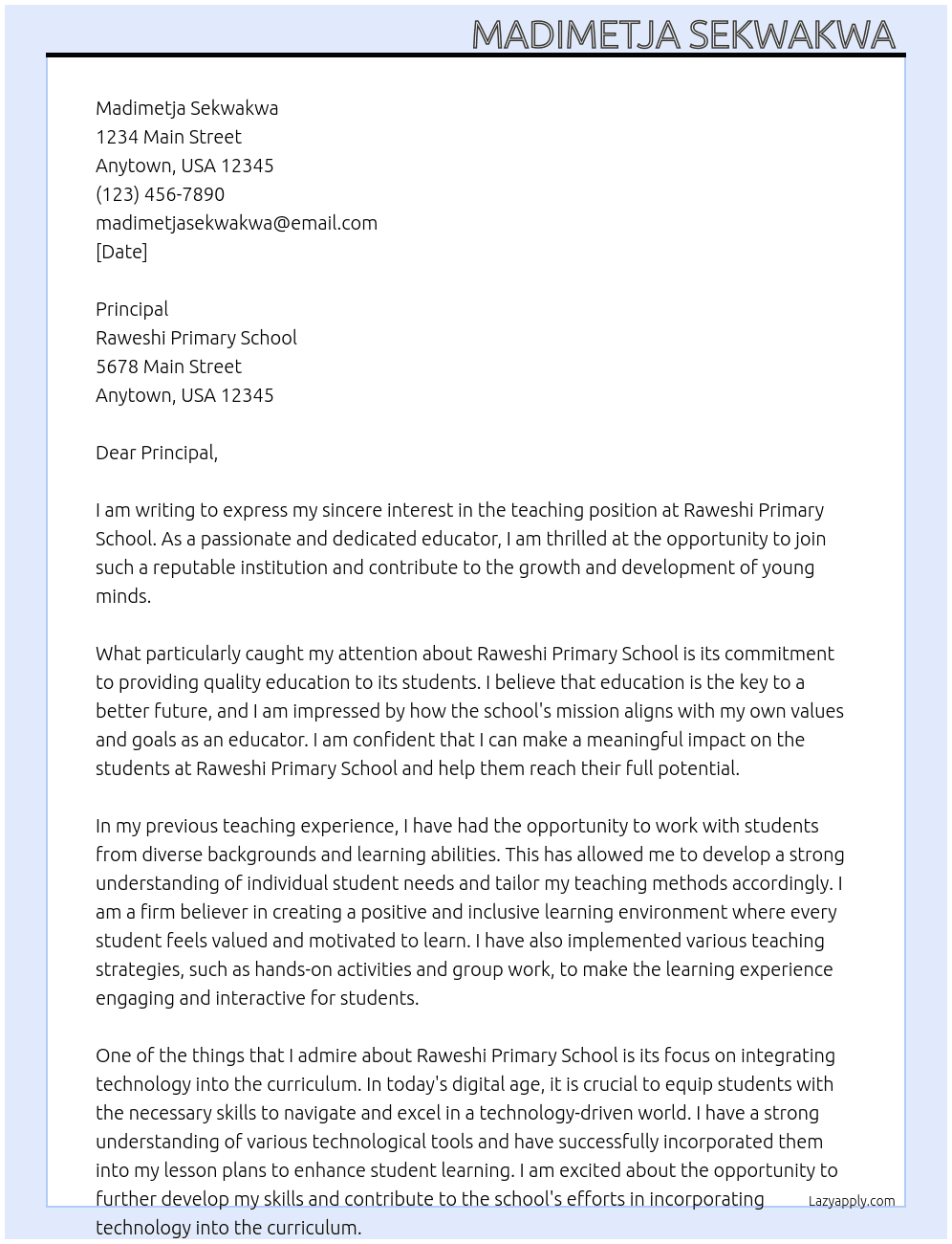 Teaching  At Raweshi primary school  Cover Letter