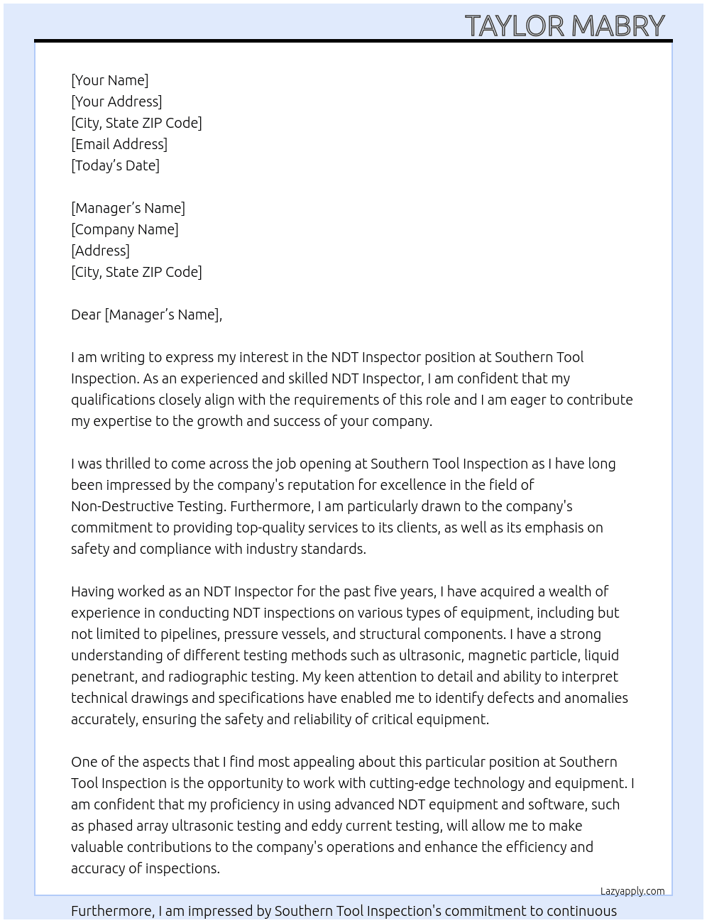 NDT Inspector  At Southern Tool Inspection  Cover Letter
