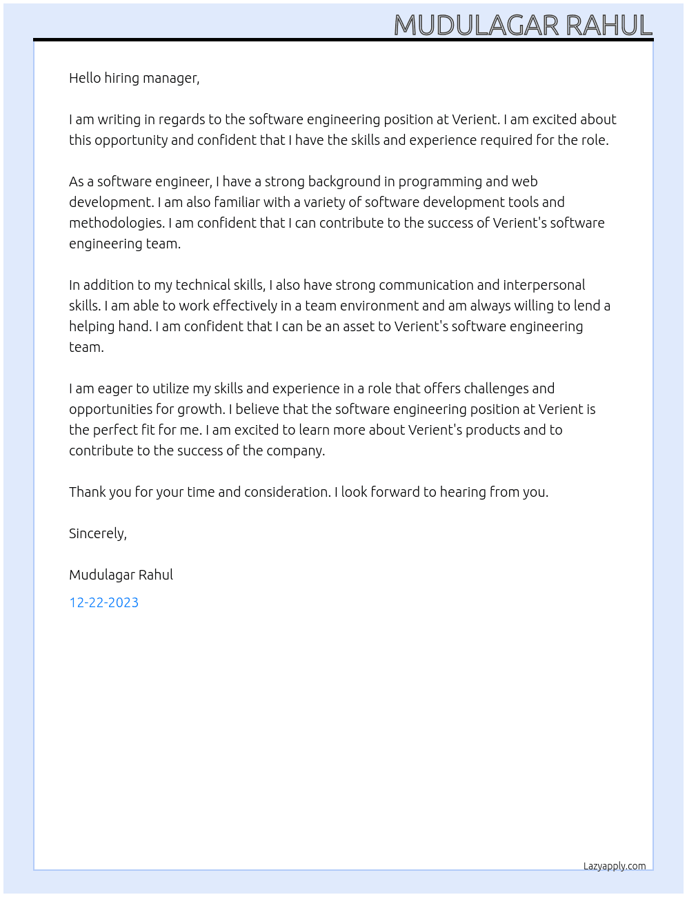 Software engnerrrimg At verient Cover Letter