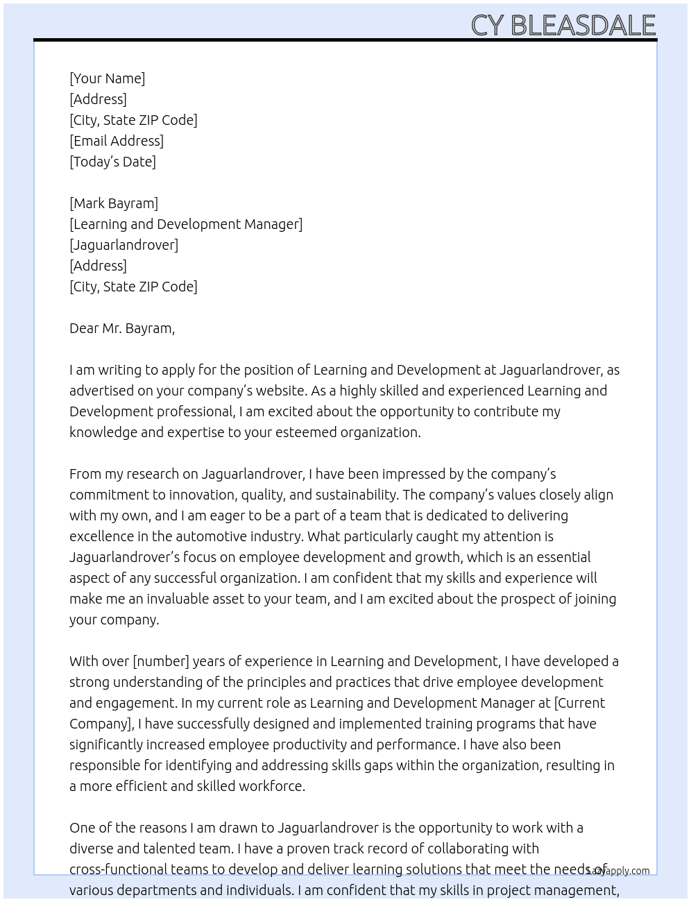 Learning and development At Jaguarlandrover Cover Letter