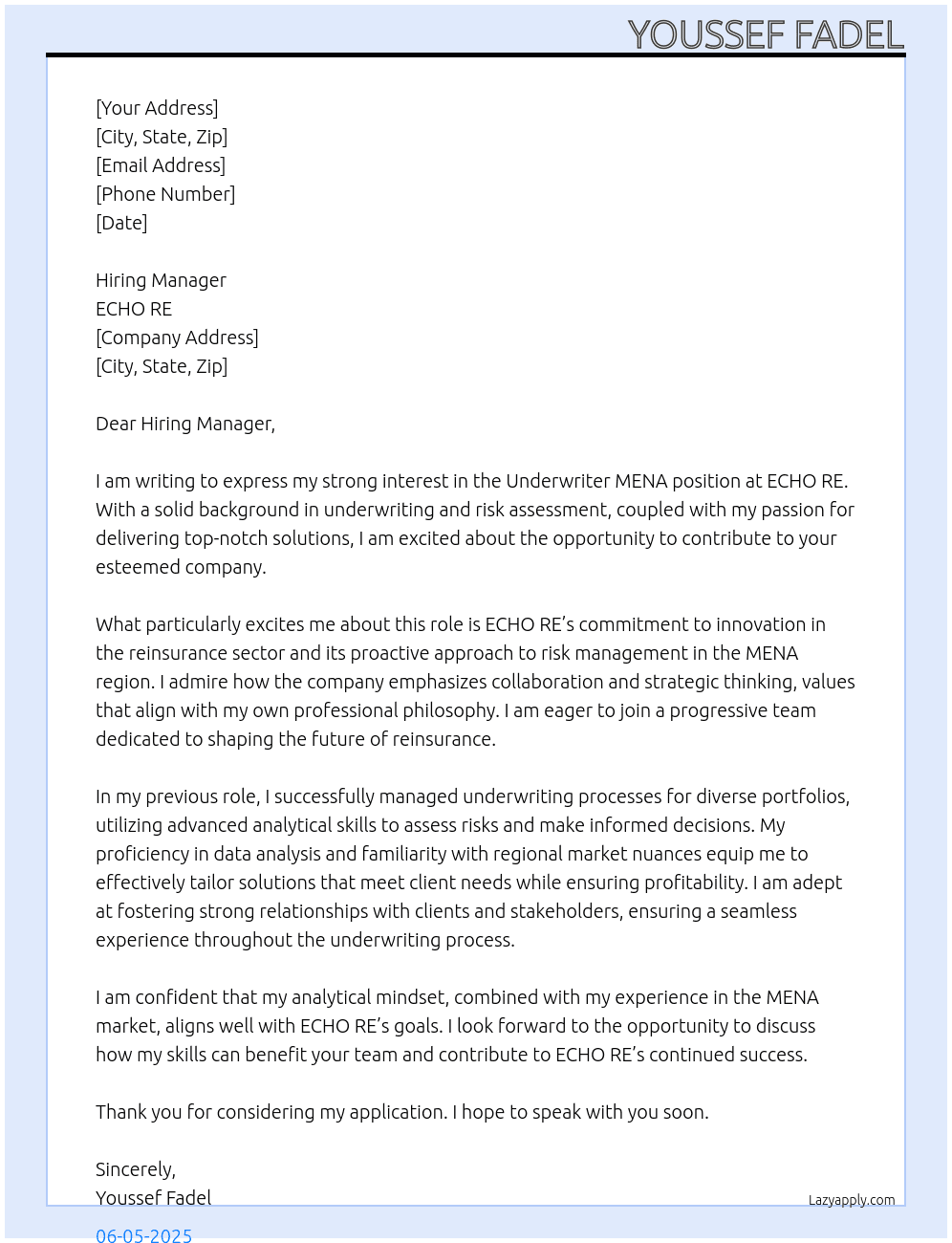 Underwriter MENA At ECHO RE Cover Letter