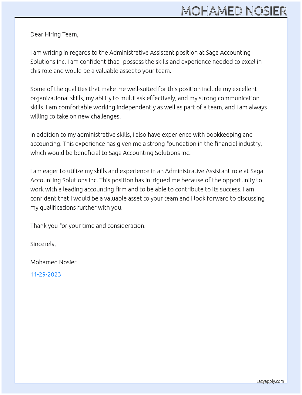 Administrative assistant  At Saga Accounting Solutions Inc Cover Letter