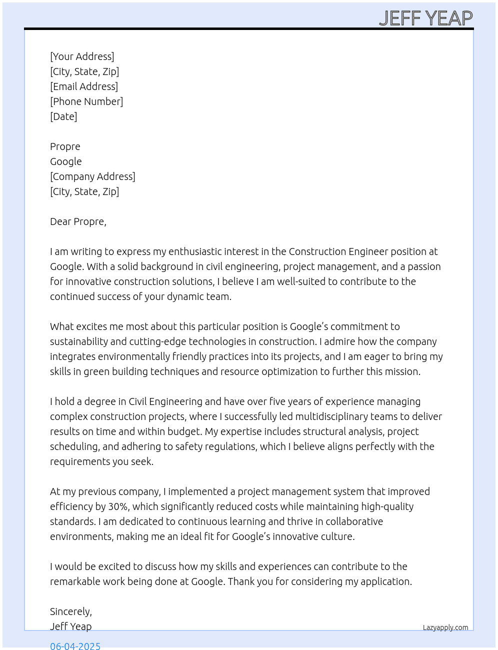 Cover letter for construction engineer - LazyApply