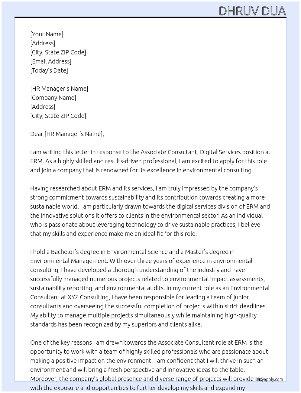 Associate consultant, digital services  At ERM Cover Letter