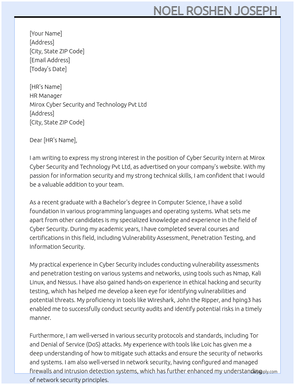 Cyber Security Intern  At Mirox cyber security and technology Pvt Ltd Cover Letter