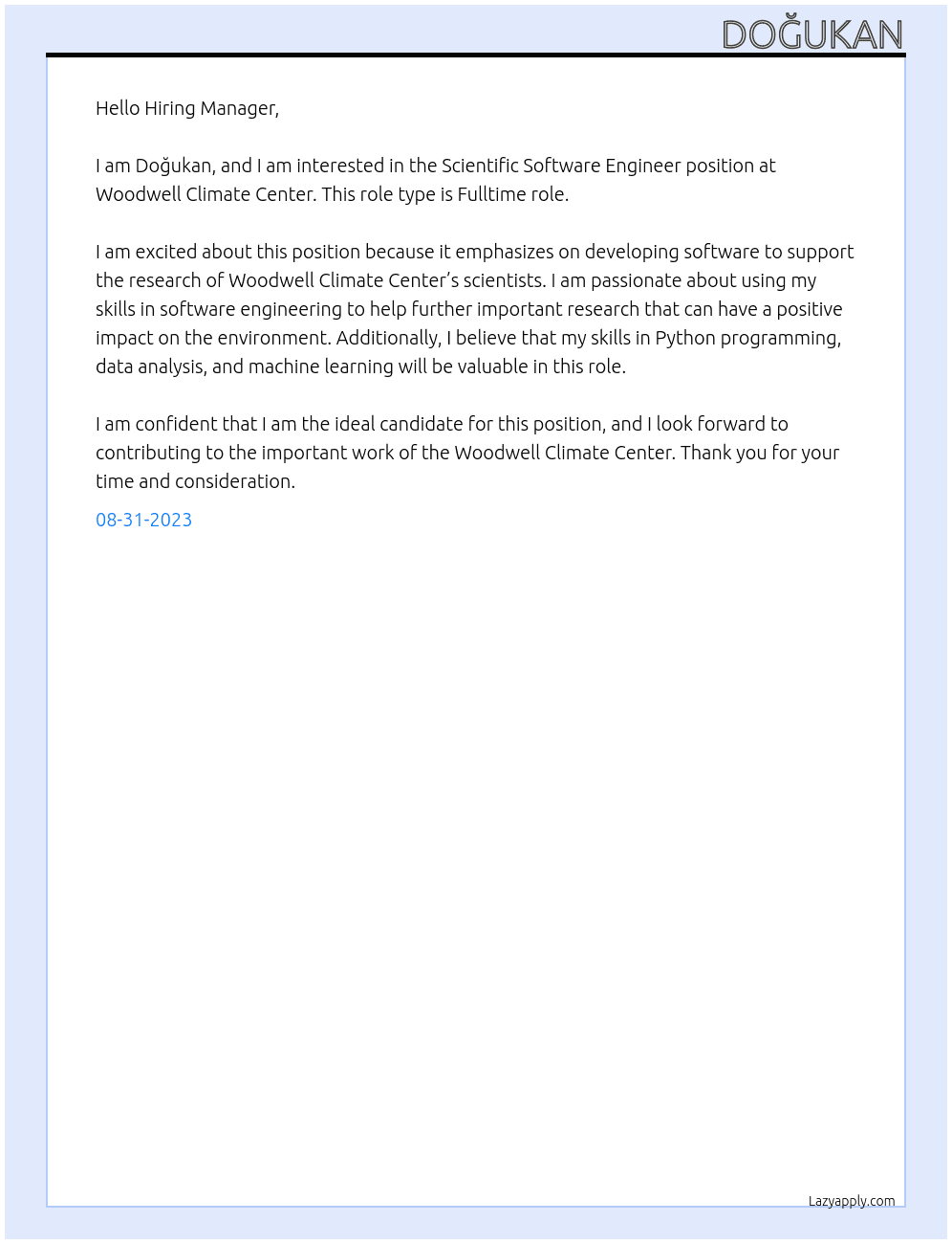 Scientific Software Engineer At Woodwell Climate Center Cover Letter