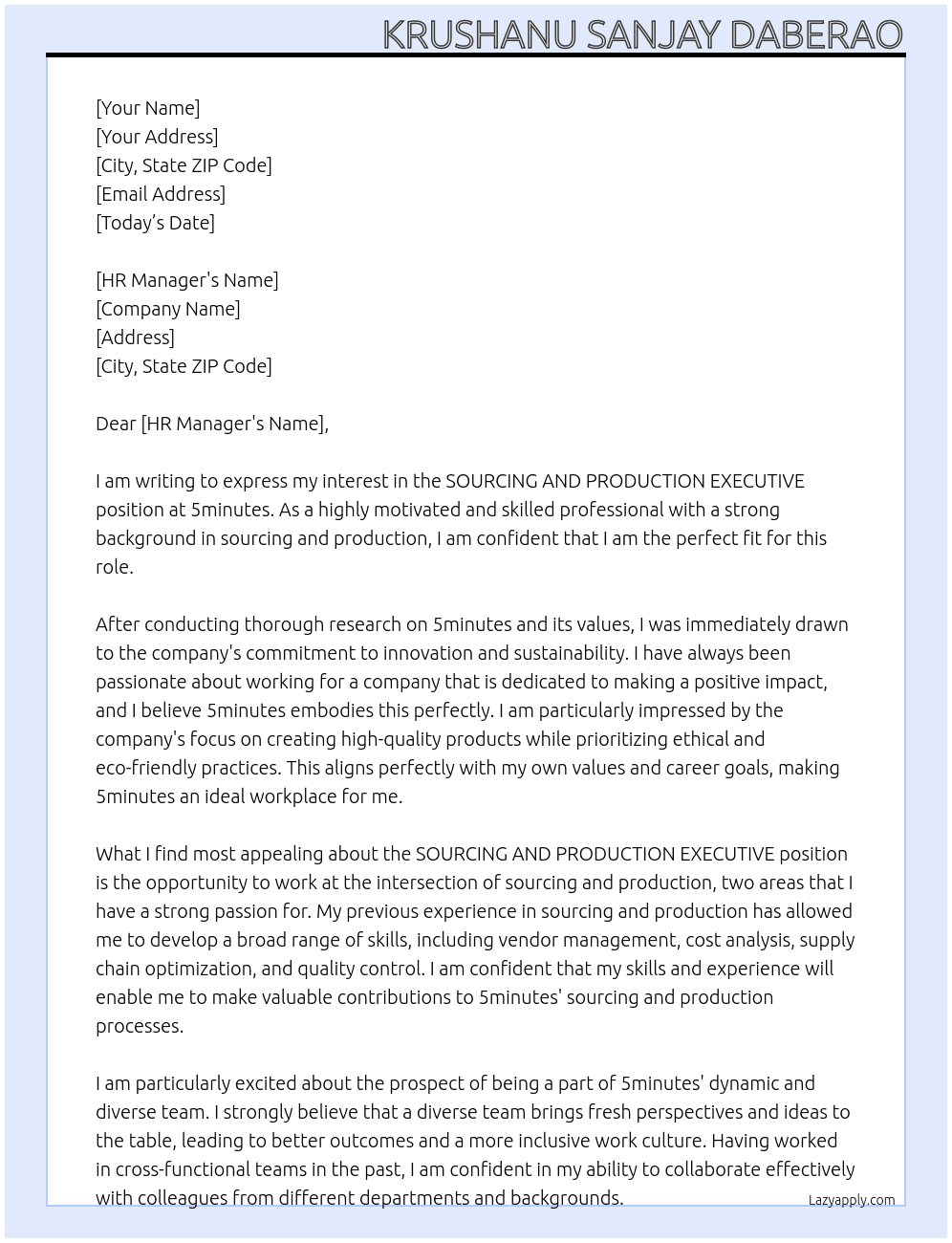  SOURCING AND PRODUCTION EXECUTIVE At 5minutes Cover Letter